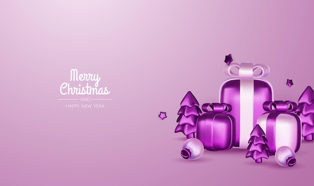 Feliz Navidad y feliz año nuevo fondo árbol de Navidad cajas de regalos bolas de Navidad elemento de Navidad para pancartas web diseño de plantillas de tarjetas de felicitación