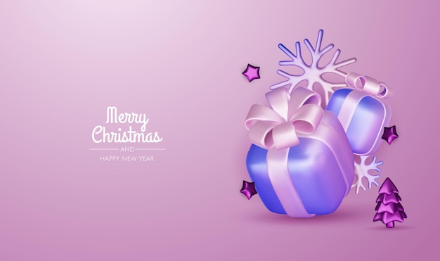 Feliz Navidad y feliz año nuevo fondo árbol de Navidad cajas de regalos bolas de Navidad elemento de Navidad para pancartas web diseño de plantillas de tarjetas de felicitación