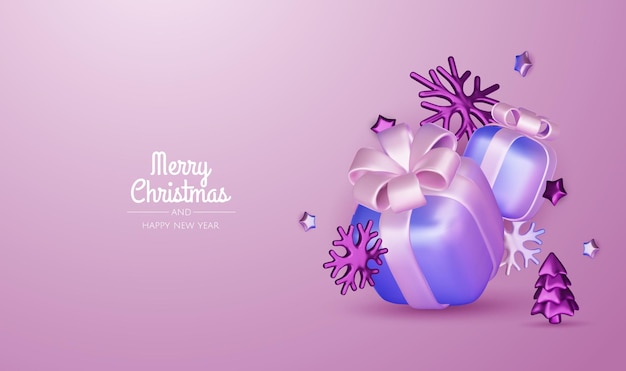 Feliz Navidad y feliz año nuevo fondo árbol de Navidad cajas de regalos bolas de Navidad elemento de Navidad para pancartas web diseño de plantillas de tarjetas de felicitación