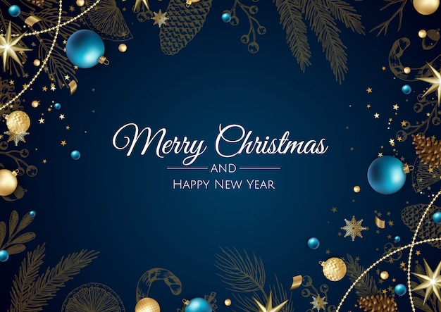 Feliz Navidad y feliz año nuevo fondo con copos de nieve y bolas