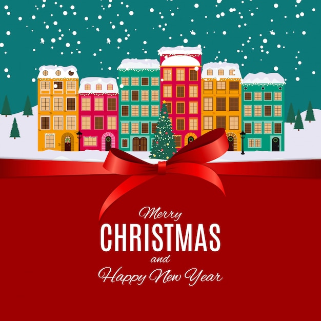 Feliz Navidad y feliz año nuevo fondo con Little Town en estilo retro