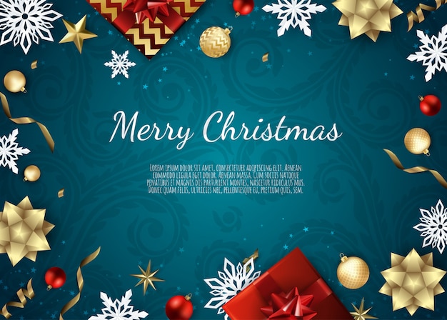 Feliz Navidad y Feliz Año Nuevo, fondo de Navidad con caja de regalo, diseño de copos de nieve y bolas,