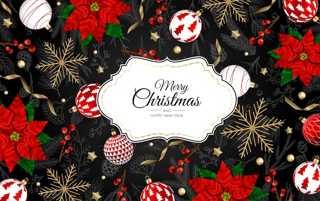 Feliz Navidad y Feliz Año Nuevo Fondo de Navidad con diseño de copos de nieve y bolas