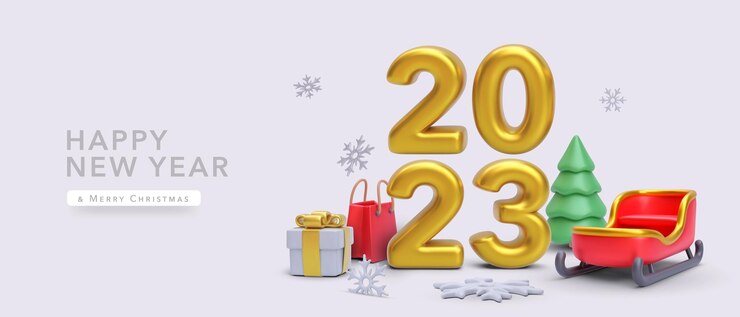 Vector feliz navidad y feliz año nuevo fondo objetos realistas 2023 árbol trineo regalo bolsa de compras y nieve tarjeta de felicitación navideña banner web poster ilustración vectorial