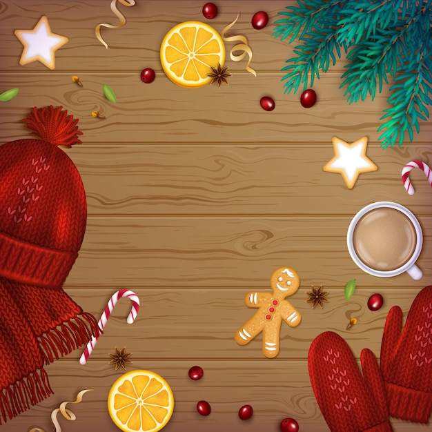 Feliz Navidad Feliz año nuevo Fondo de saludo Elementos de invierno Ramas de abeto Guirnalda de dulces de especias