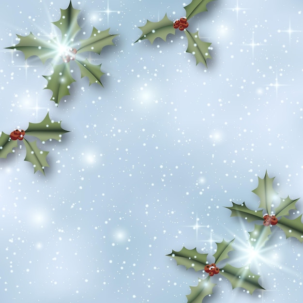 Feliz Navidad y Feliz Año Nuevo fondo de vector borroso con copos de nieve y muérdago