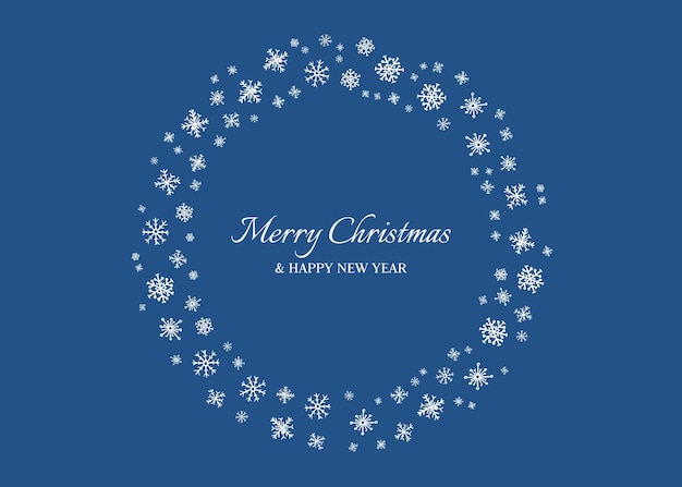 Feliz Navidad y Feliz Año Nuevo fondos con copos de nieve blancos en forma de círculo fondo de vacaciones para tarjeta de felicitación de Navidad en fondo azul ilustración vectorial