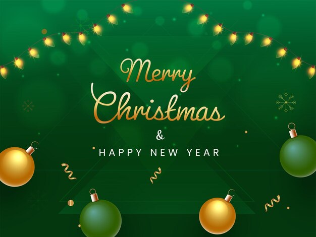 Feliz Navidad y feliz año nuevo fuente con adornos realistas y guirnaldas de iluminación iluminada sobre fondo verde.