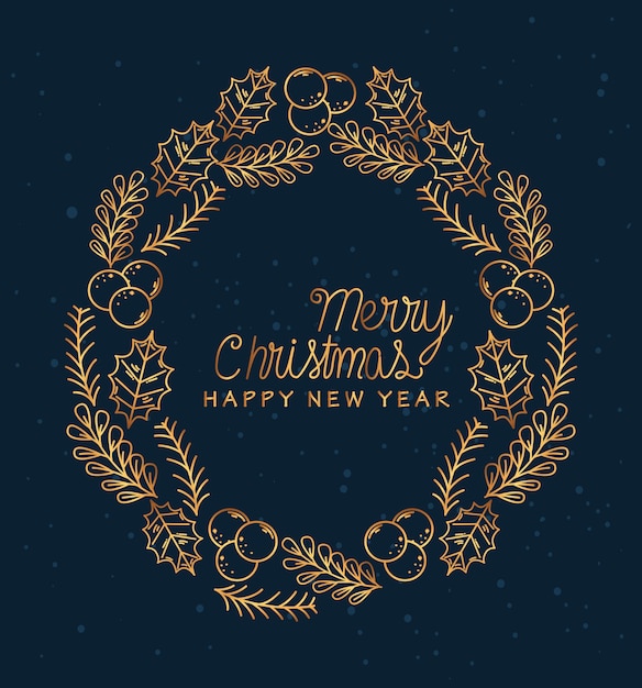 Feliz navidad feliz año nuevo hojas con diseño de círculo de bayas, temporada de invierno y decoración