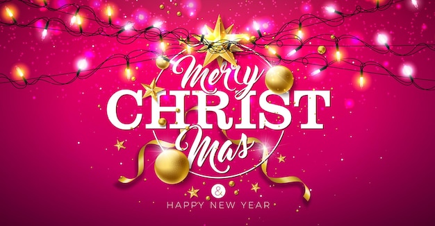 Feliz Navidad y feliz año nuevo Ilustración con corona de luz de bola de vidrio dorado y tipografía