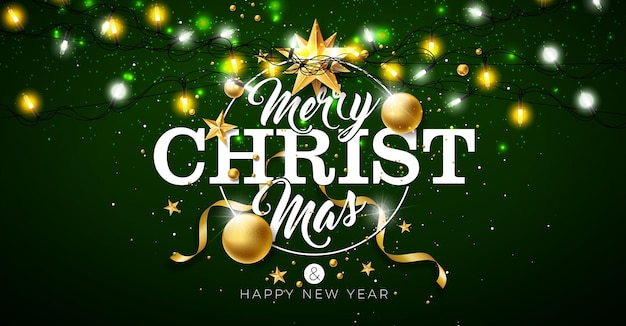 Feliz Navidad y feliz año nuevo Ilustración con corona de luz de bola de vidrio dorado y tipografía