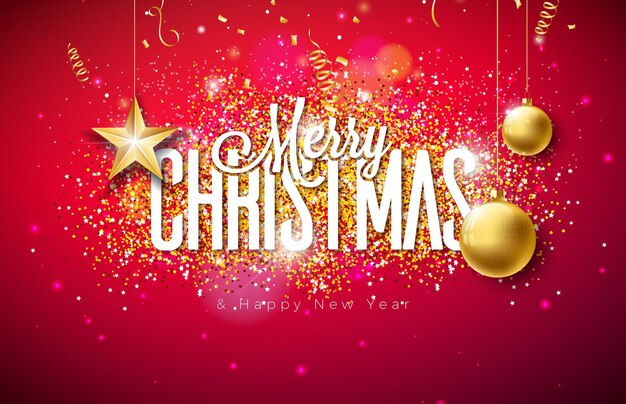 Feliz Navidad y Feliz Año Nuevo Ilustración con letra de tipografía brillante bola de vidrio de oro