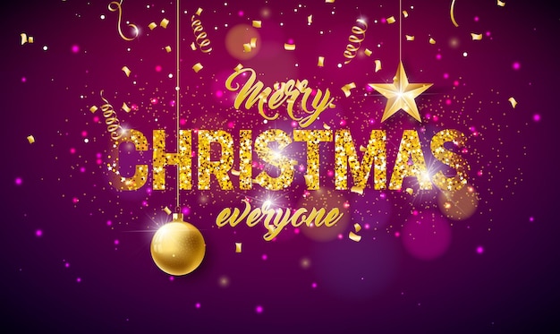 Feliz Navidad y feliz año nuevo Ilustración con letra de tipografía dorada y caída