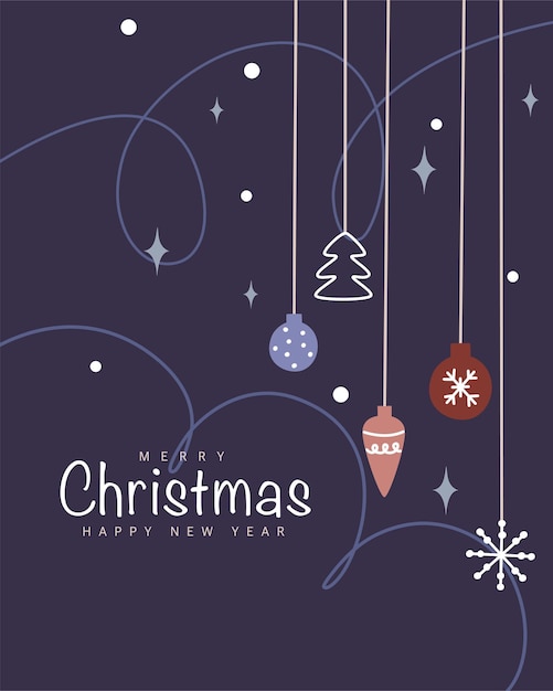 Feliz Navidad y Feliz Año Nuevo con juguetes coloridos en un fondo oscuro Ilustración vectorial