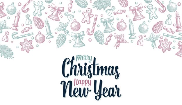 Feliz Navidad Feliz Año Nuevo letras hombre de jengibre cono dulce muérdago vela grabado