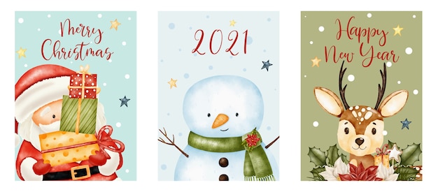 Feliz navidad y feliz año nuevo letras con lindo santa claus, renos y muñeco de nieve