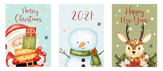 Feliz navidad y feliz año nuevo letras con lindo santa claus, renos y muñeco de nieve