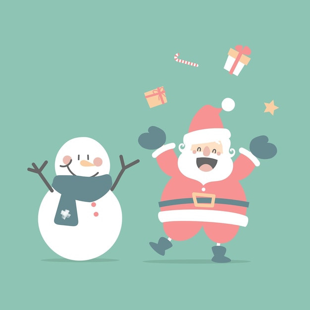 Vector feliz navidad y feliz año nuevo con lindo santa claus y muñeco de nieve en la temporada de invierno