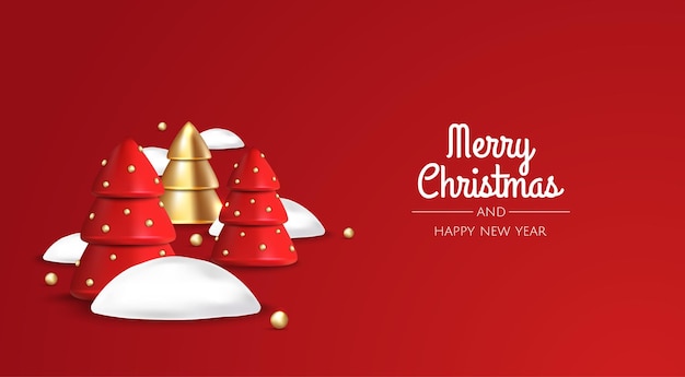 Feliz navidad y feliz año nuevo navidad fondo festivo con objetos 3d realistas árbol de navidad rojo y dorado
