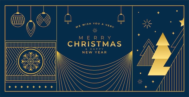 Feliz Navidad y Feliz Año Nuevo de oro de lujo marco de árbol de pino de Navidad con estilo geométrico