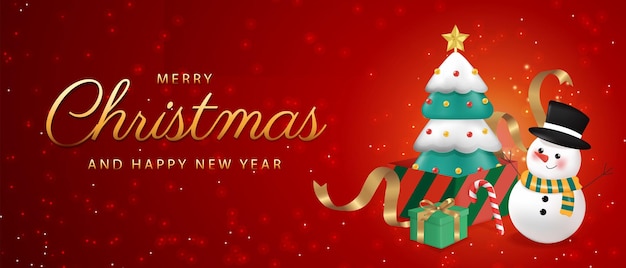 Feliz Navidad y feliz año nuevo pancarta de Navidad un árbol de Navidad en una caja de regalos con adornos alrededor
