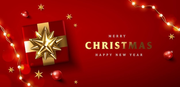 Feliz Navidad y feliz año nuevo pancarta de promoción con decoración festiva para Navidad