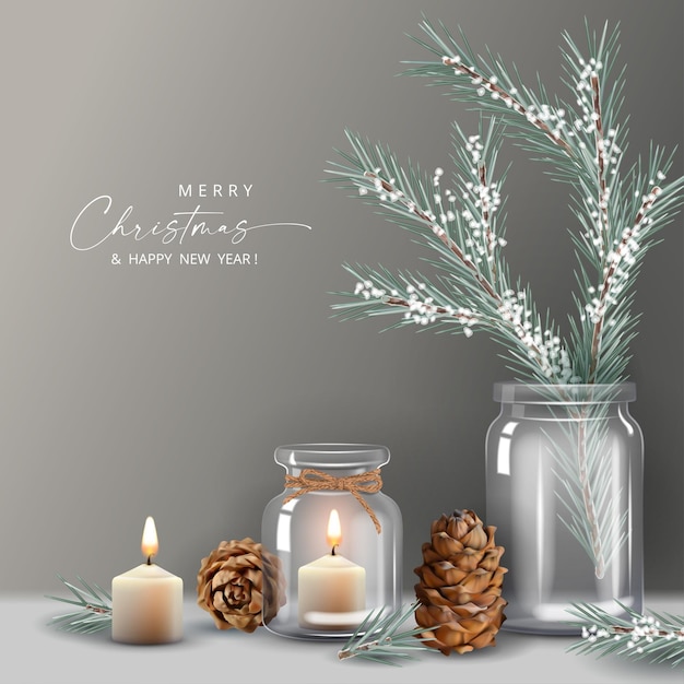 Feliz Navidad y Feliz Año Nuevo pancarta de vela encendida en un frasco de vidrio transparente