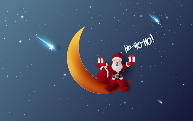 Feliz Navidad y feliz año nuevo de Papá Noel Sostenga una caja de regalo. Media luna y estrella con fondo de fantasía del cielo nocturno místico. Luz de luna en la noche dulce sueño. Corte de papel creativo y craft.vector EPS10