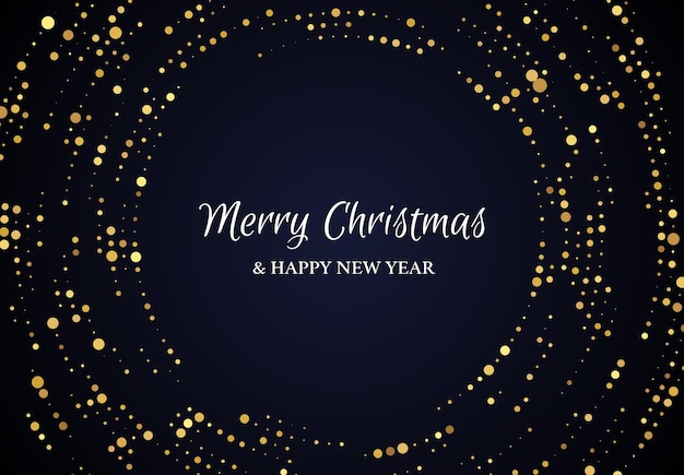 Feliz Navidad y Feliz Año Nuevo de patrón de brillo dorado en forma de círculo Abstracto dorado brillante fondo de medio tono punteado para tarjeta de felicitación de vacaciones de Navidad en fondo oscuro Ilustración vectorial