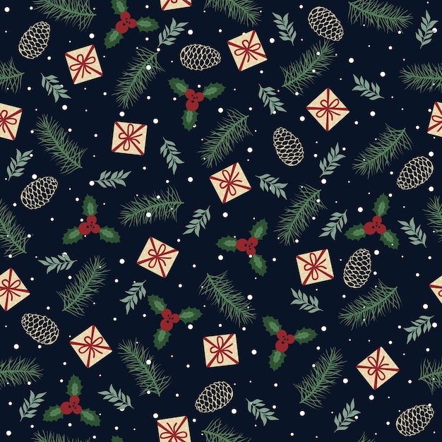Feliz Navidad Feliz Año Nuevo patrón sin costuras con regalos abeto cono hojas de acebo y bayas