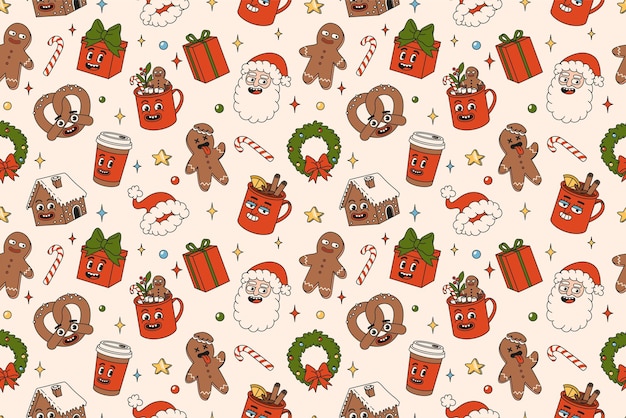 Feliz Navidad y feliz año nuevo de patrones sin fisuras Santa Claus regalos cacao café pan de jengibre