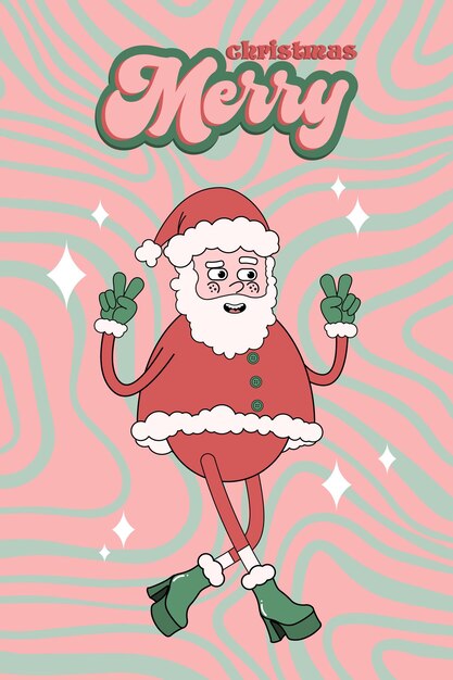 Feliz Navidad y Feliz Año Nuevo personaje de dibujos animados cómico funky en estilo retro groovy de moda