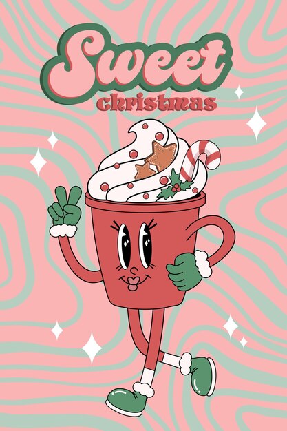Feliz Navidad y Feliz Año Nuevo personaje de dibujos animados cómico funky en estilo retro groovy de moda