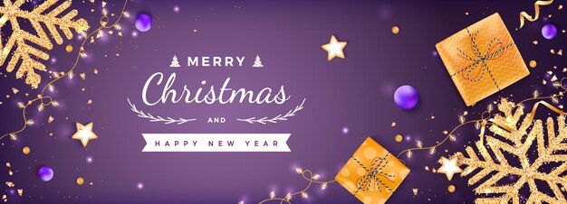 Feliz Navidad y Feliz Año Nuevo Plantilla de bandera de saludo Tarjeta de Navidad Fondo copos de nieve dorados