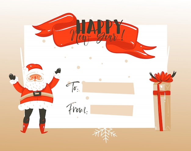 Vector feliz navidad y feliz año nuevo plantilla de saludo vintage con santa claus y lugar para el texto aislado sobre fondo blanco.