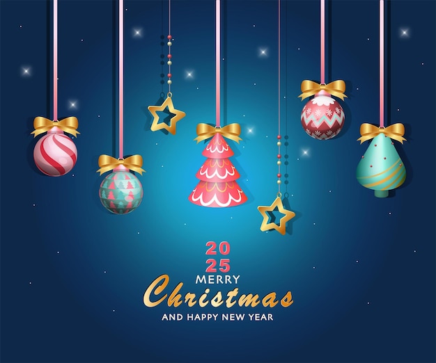 Feliz Navidad y Feliz Año Nuevo plantilla de tarjeta de felicitación con árbol de Navidad_bola de vidrio_estrella