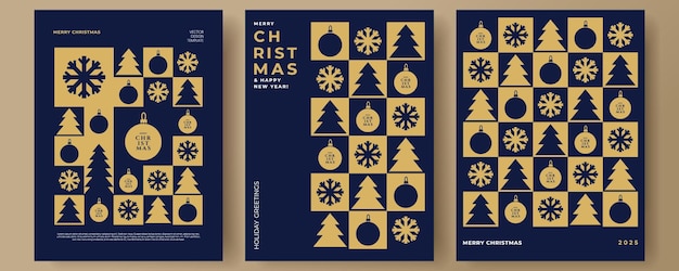 Feliz Navidad y Feliz Año Nuevo portada de cartel de felicitación de cartelera moderna en estilo minimalista geométrico de moda con simples iconos de Navidad en oro y colos azules oscuros