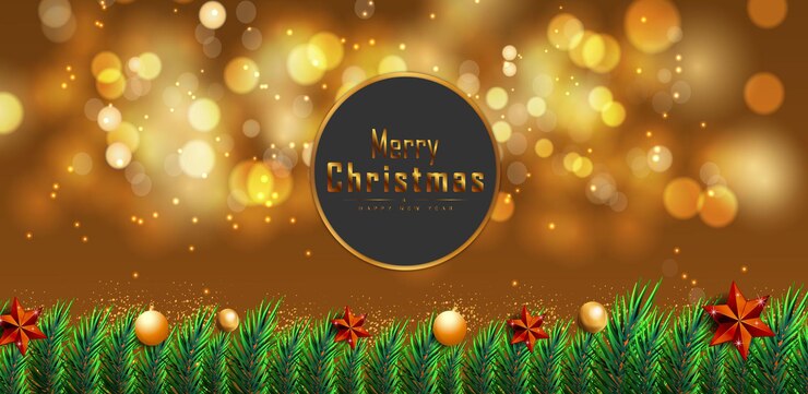 Feliz Navidad Feliz Año Nuevo con puntos brillantes, estrellas doradas claras y burbujas Vector