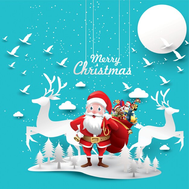Feliz Navidad y Feliz Año Nuevo. Reno de Santa Claus con un saco de regalos.