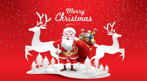 Feliz Navidad y Feliz Año Nuevo. Reno de Santa Claus con un saco.
