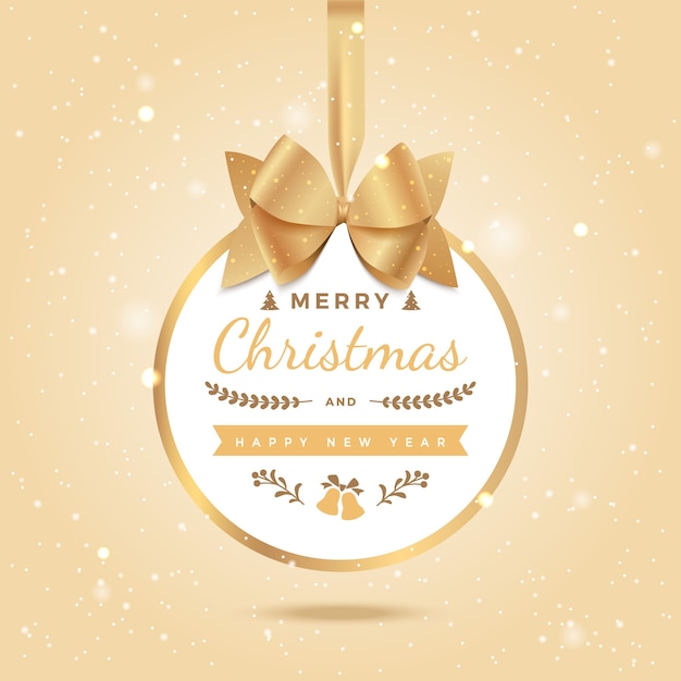 Feliz Navidad feliz año nuevo saludo fondo bola de Navidad con arco y cinta