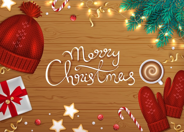 Feliz Navidad Feliz año nuevo Saludo Fondo Letras Invierno ramas de abeto cintas de regalo