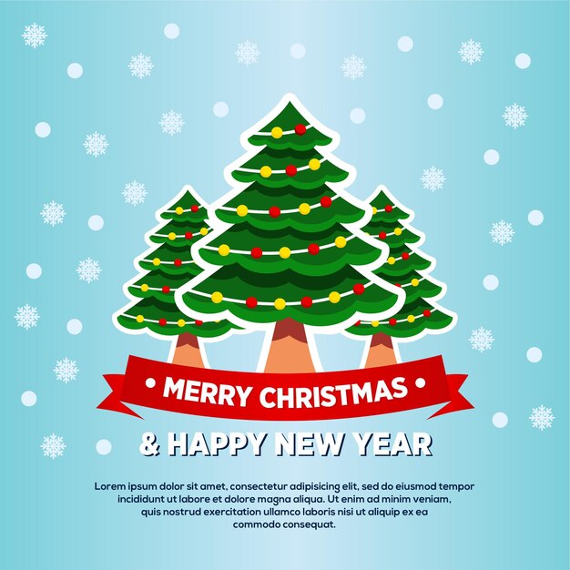 Feliz Navidad y feliz año nuevo saludo, plantilla de diseño de banner con árbol de Navidad