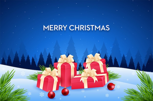 Feliz Navidad y feliz año nuevo saludos con regalos y nieve