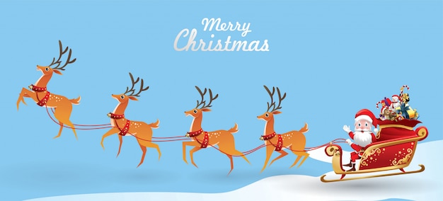 Feliz Navidad y Feliz Año Nuevo. Santa Claus es un paseo en trineo de renos con un saco