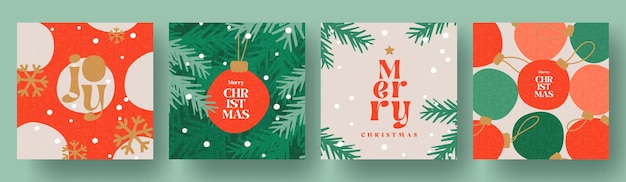 Feliz Navidad y Feliz Año Nuevo Set de tarjetas de felicitación Diseño moderno y hermoso de Navidad con tipografía Ramas de árbol de Navidad bolas patrón de copo de nieve Modelos de portada de carteles de banner de arte minimalista