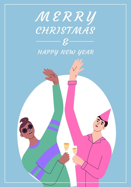 Feliz navidad y feliz año nuevo tarjeta amigos celebrando la temporada de invierno vacaciones alegres jóvenes felices disfrutando en la fiesta ilustración vectorial plana