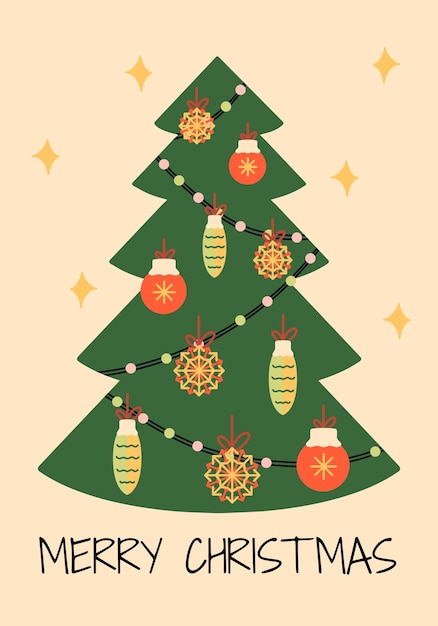 Feliz Navidad y feliz año nuevo tarjeta con árbol de Navidad
