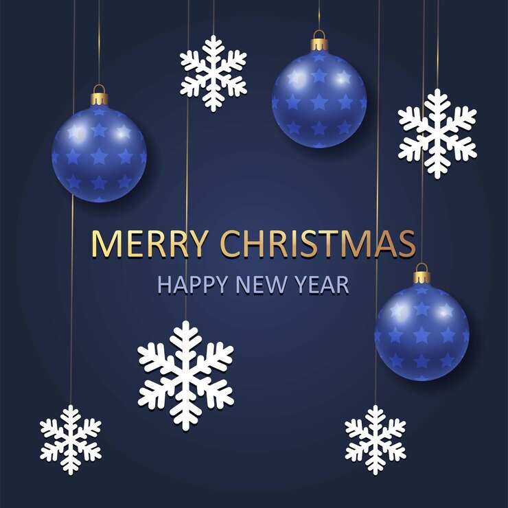 Vector feliz navidad y feliz año nuevo tarjeta con bolas de navidad árbol de navidad juguetes y copos de nieve