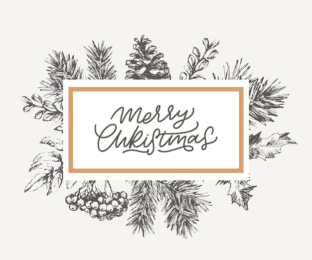 Feliz Navidad y Feliz Año Nuevo Tarjeta Botánica Abstracta con Banner de Marco Cuadrado y Tipografía Moderna Diseño de Saludo de Colores Pastel Verde y Rosa Aislado